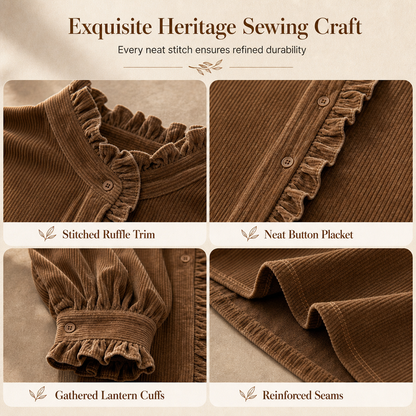 ✨ Vintage Feminine Detail | Women’s Corduroy Ruffle-Collar Blouse with Lantern Sleeves