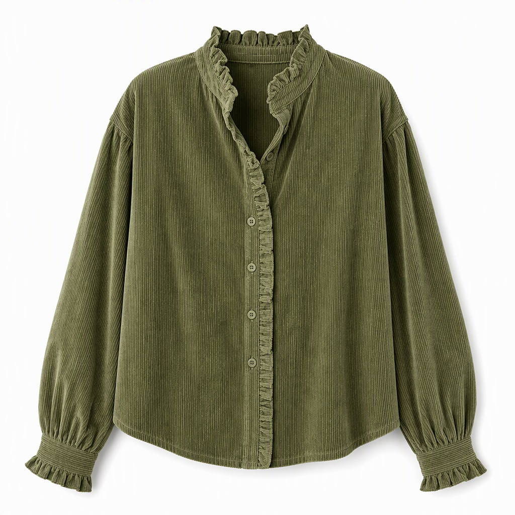 ✨ Vintage Feminine Detail | Women’s Corduroy Ruffle-Collar Blouse with Lantern Sleeves