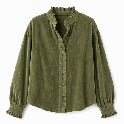 ✨ Vintage Feminine Detail | Women’s Corduroy Ruffle-Collar Blouse with Lantern Sleeves