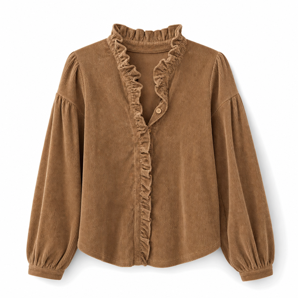 ✨ Vintage Feminine Detail | Women’s Corduroy Ruffle-Collar Blouse with Lantern Sleeves