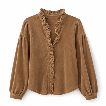 ✨ Vintage Feminine Detail | Women’s Corduroy Ruffle-Collar Blouse with Lantern Sleeves