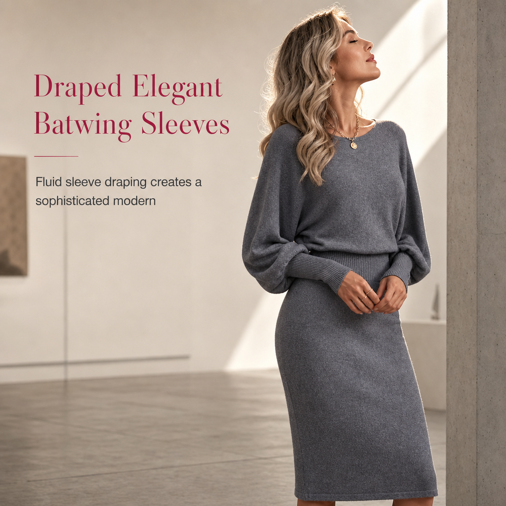 ✨ Draped Knit Elegance | Women’s Ribbed Midi Sweater Dress with Batwing Sleeves