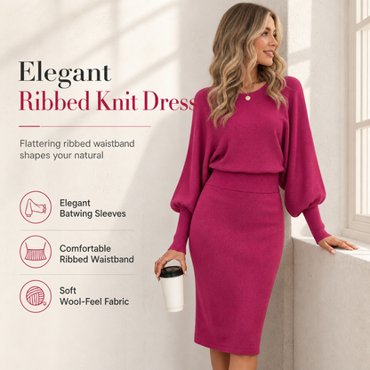 ✨ Draped Knit Elegance | Women’s Ribbed Midi Sweater Dress with Batwing Sleeves