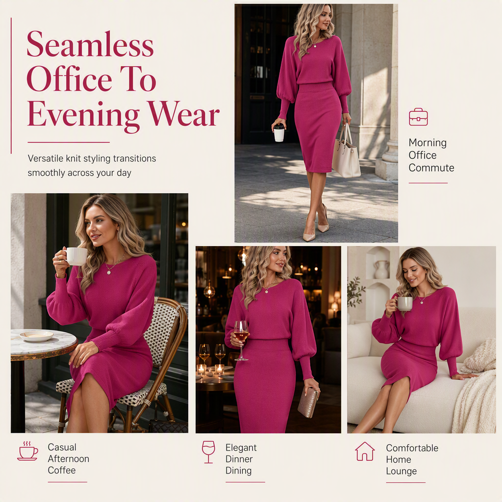 ✨ Draped Knit Elegance | Women’s Ribbed Midi Sweater Dress with Batwing Sleeves