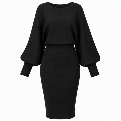 ✨ Draped Knit Elegance | Women’s Ribbed Midi Sweater Dress with Batwing Sleeves