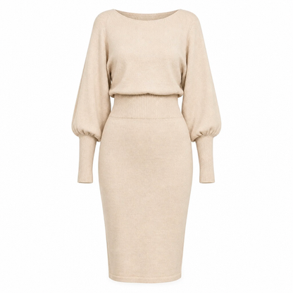✨ Draped Knit Elegance | Women’s Ribbed Midi Sweater Dress with Batwing Sleeves