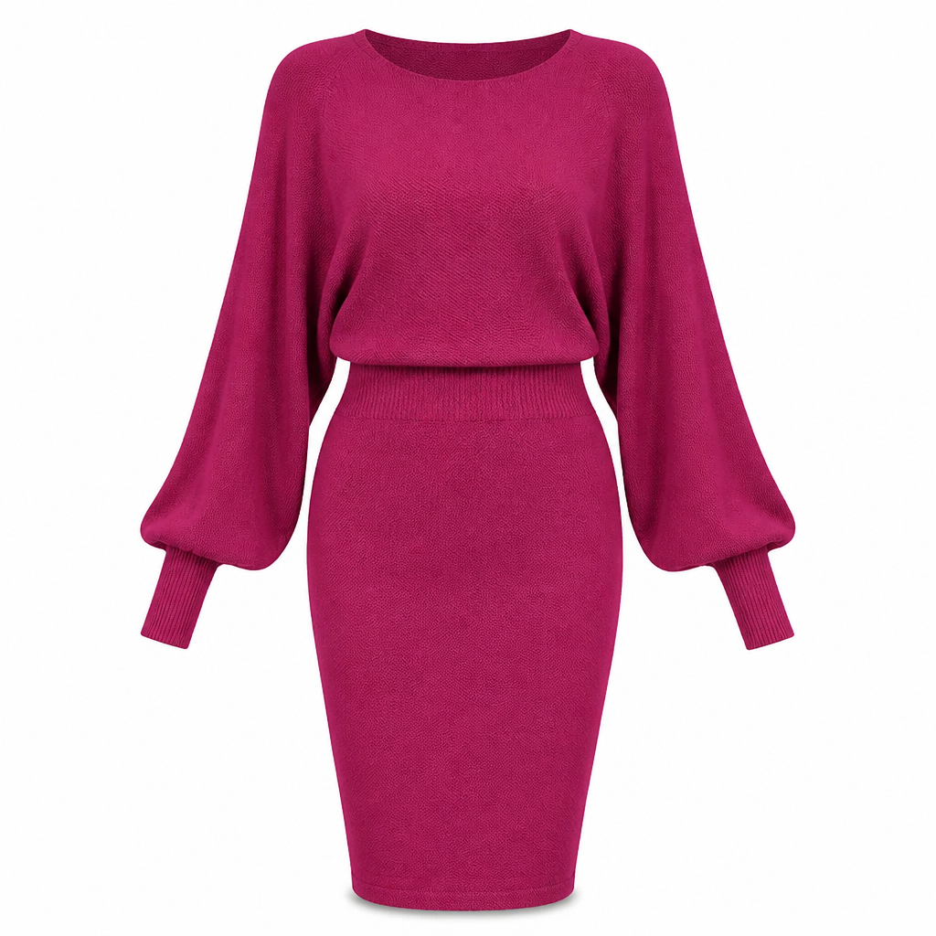 ✨ Draped Knit Elegance | Women’s Ribbed Midi Sweater Dress with Batwing Sleeves