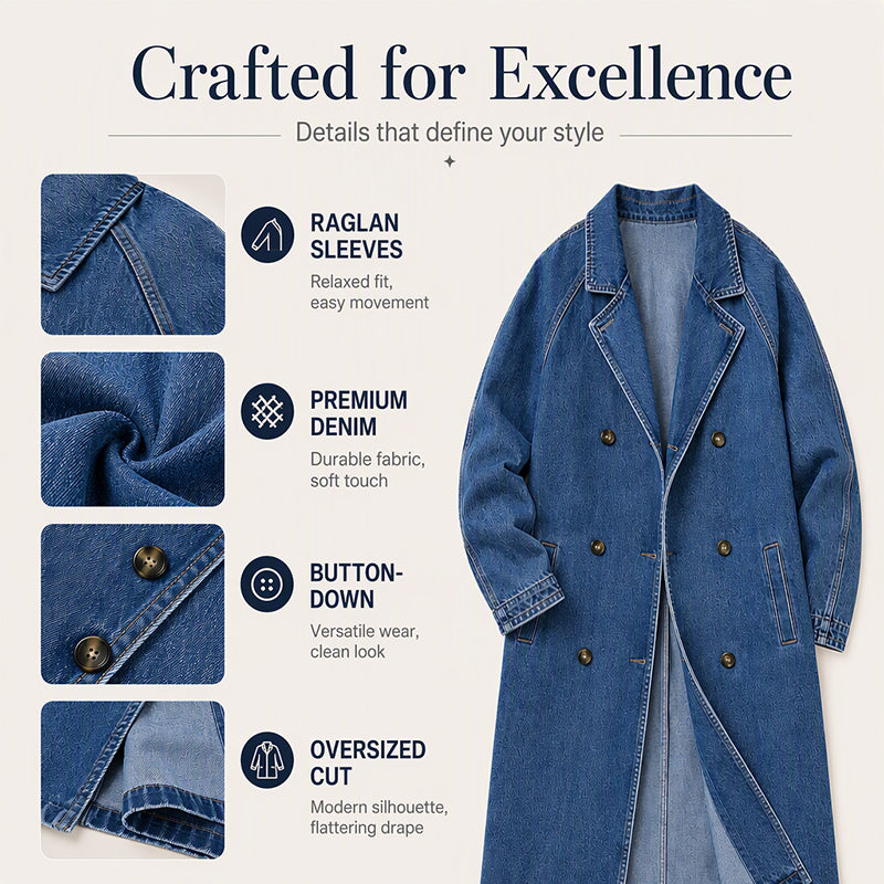 👖 Denim Meets Tailoring | Women’s Longline Double-Breasted Denim Coat