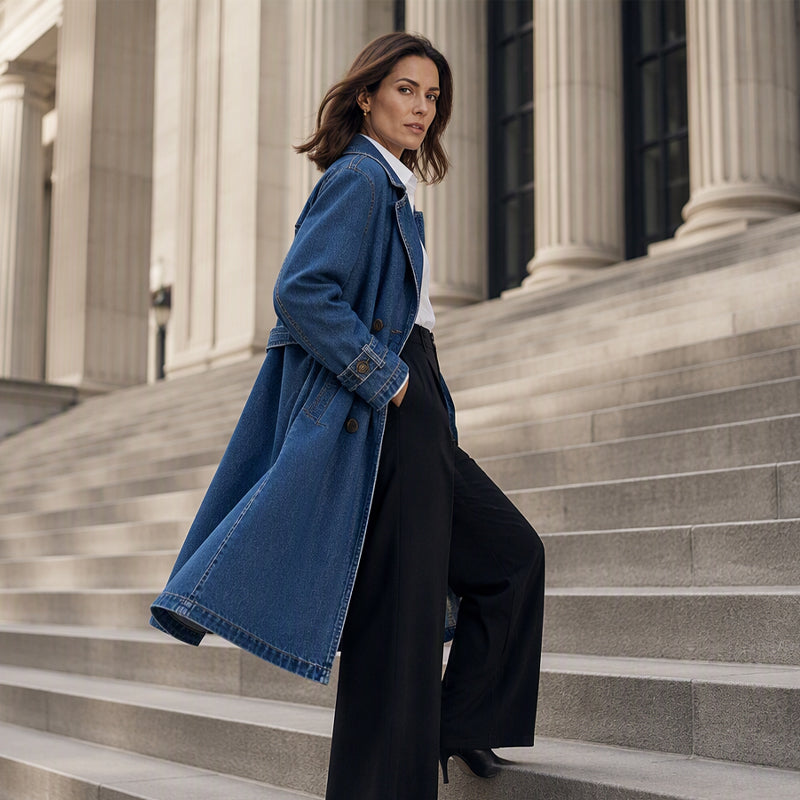 👖 Denim Meets Tailoring | Women’s Longline Double-Breasted Denim Coat