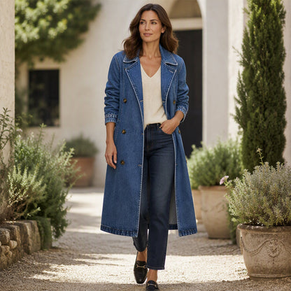 👖 Denim Meets Tailoring | Women’s Longline Double-Breasted Denim Coat