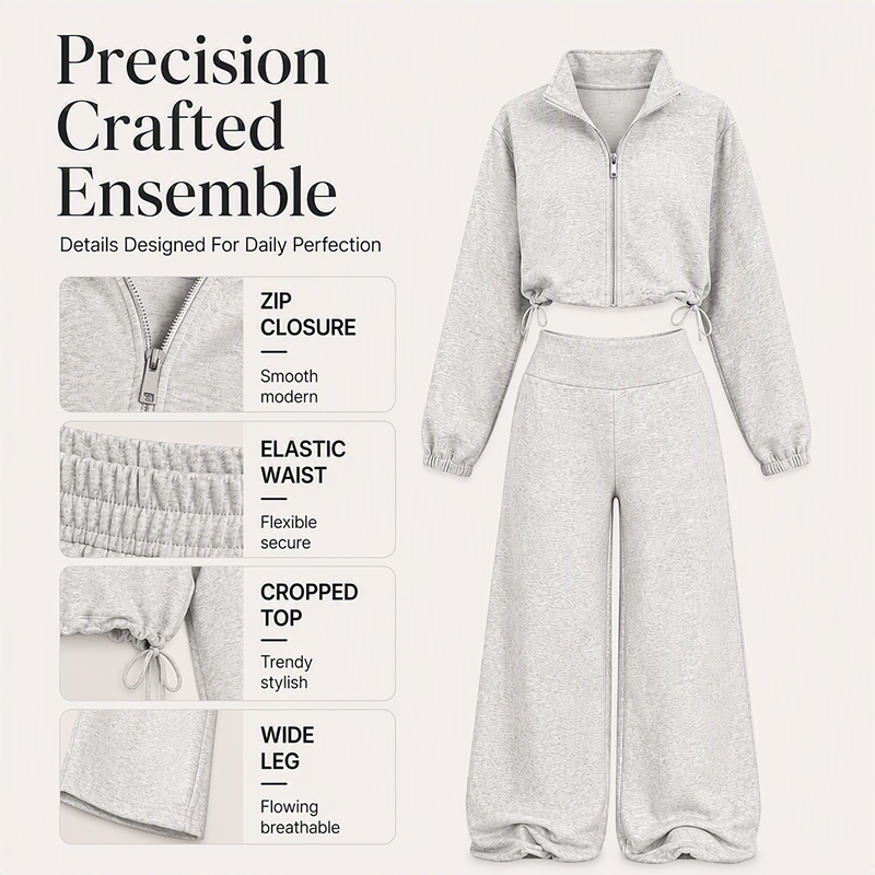 ✨ Relaxed & Put-Together | Women’s Cropped Zip-Up & Wide-Leg Pants 2-Piece Set