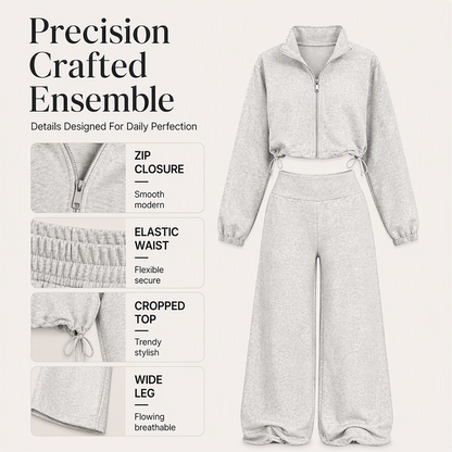 ✨ Relaxed & Put-Together | Women’s Cropped Zip-Up & Wide-Leg Pants 2-Piece Set