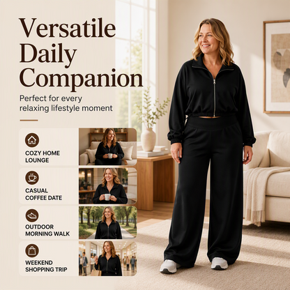 ✨ Relaxed & Put-Together | Women’s Cropped Zip-Up & Wide-Leg Pants 2-Piece Set