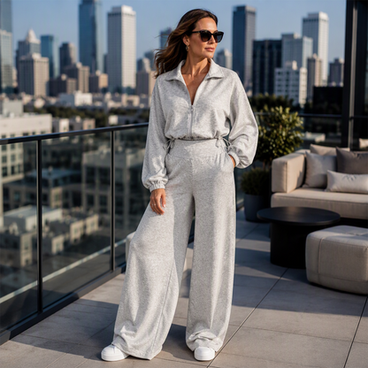✨ Relaxed & Put-Together | Women’s Cropped Zip-Up & Wide-Leg Pants 2-Piece Set