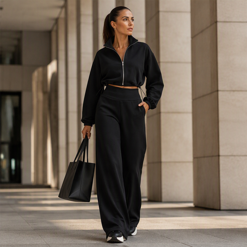✨ Relaxed & Put-Together | Women’s Cropped Zip-Up & Wide-Leg Pants 2-Piece Set