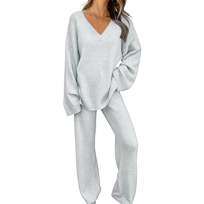 Women's Knit V-Neck Sweater & Wide-Leg Pants Set