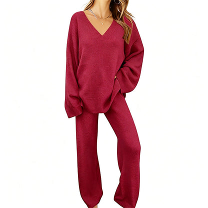 Women's Knit V-Neck Sweater & Wide-Leg Pants Set