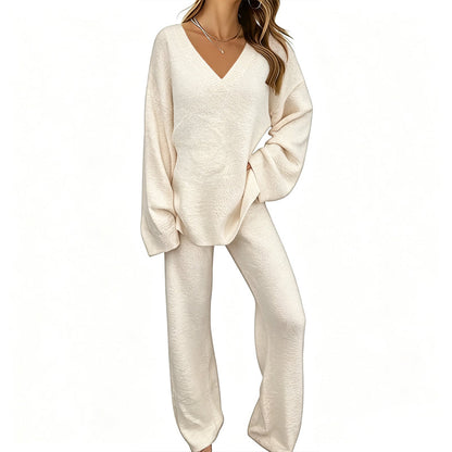 Women's Knit V-Neck Sweater & Wide-Leg Pants Set
