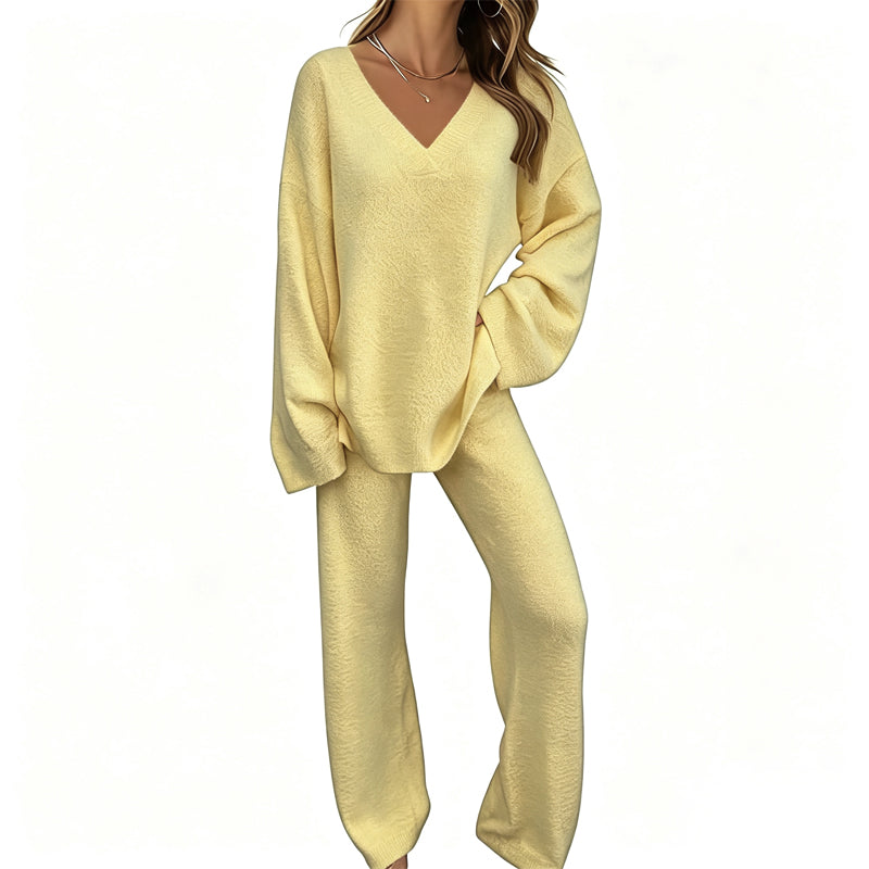 Women's Knit V-Neck Sweater & Wide-Leg Pants Set