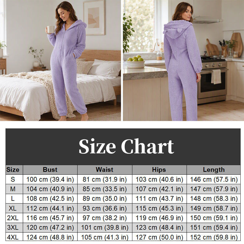 ☁️ Head-to-Toe Cozy | Women’s Sherpa Hooded Onesie with Cute Ear Detail