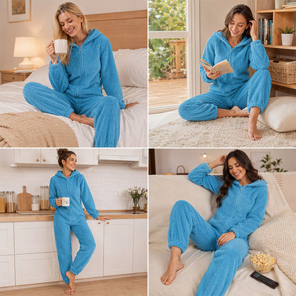 ☁️ Head-to-Toe Cozy | Women’s Sherpa Hooded Onesie with Cute Ear Detail