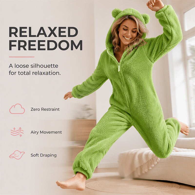 ☁️ Head-to-Toe Cozy | Women’s Sherpa Hooded Onesie with Cute Ear Detail