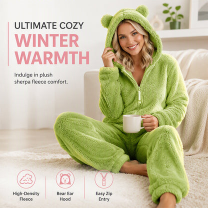 ☁️ Head-to-Toe Cozy | Women’s Sherpa Hooded Onesie with Cute Ear Detail