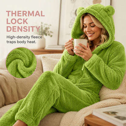 ☁️ Head-to-Toe Cozy | Women’s Sherpa Hooded Onesie with Cute Ear Detail