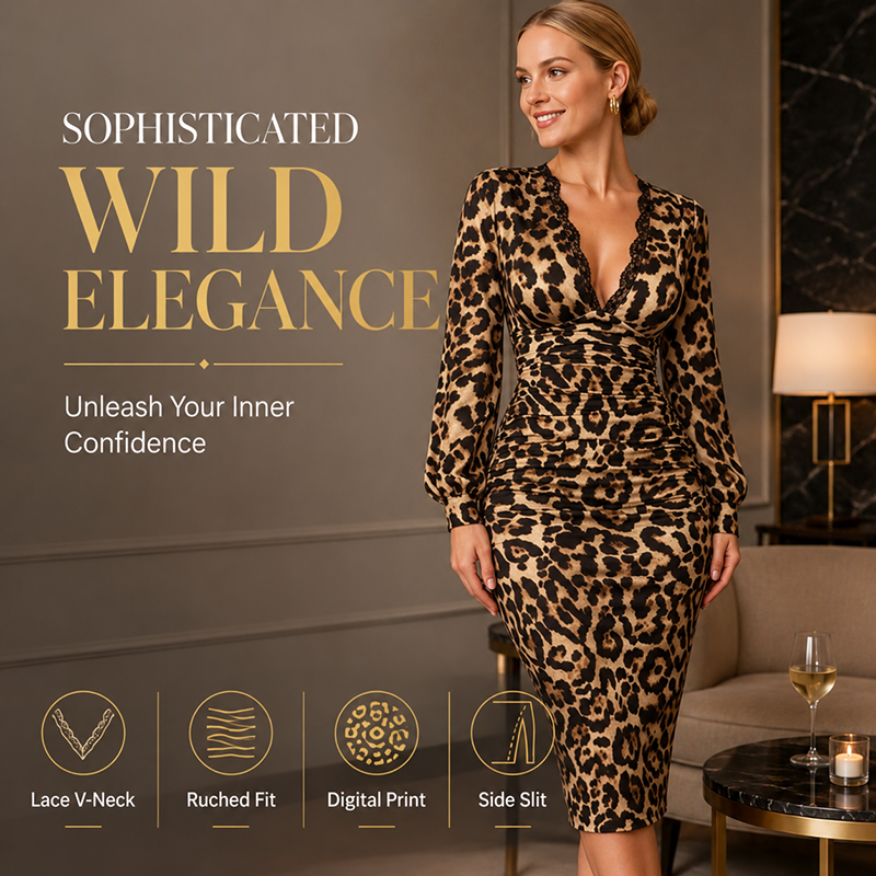 🐆 Wild Elegance | Women’s Lace V-Neck Leopard Midi Dress with Lantern Sleeves