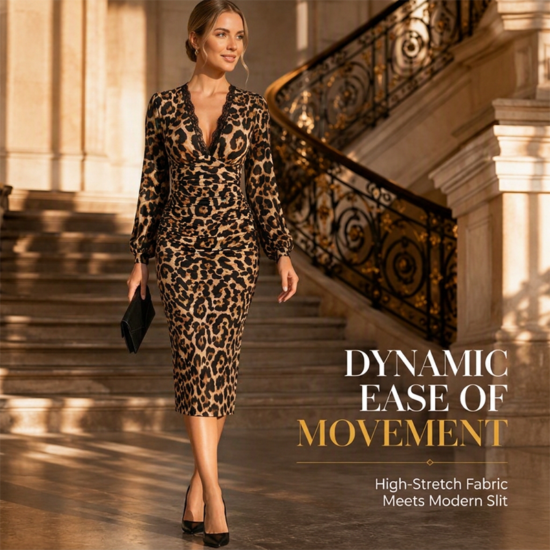 🐆 Wild Elegance | Women’s Lace V-Neck Leopard Midi Dress with Lantern Sleeves