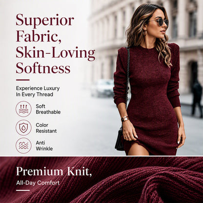 ✨ Effortless Knit Elegance | Women’s Ribbed Crew-Neck Bodycon Dress