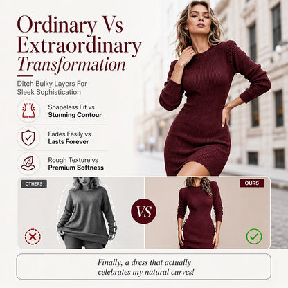 ✨ Effortless Knit Elegance | Women’s Ribbed Crew-Neck Bodycon Dress