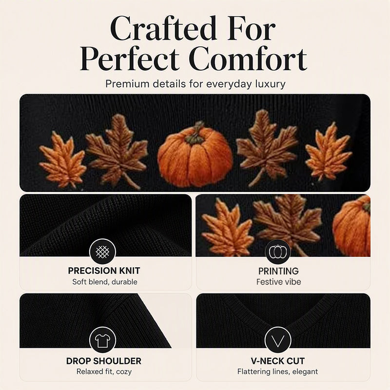 🎃 Playful Seasonal Style | Women’s Pumpkin Print V-Neck Long-Sleeve Top