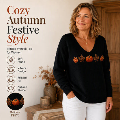 🎃 Playful Seasonal Style | Women’s Pumpkin Print V-Neck Long-Sleeve Top