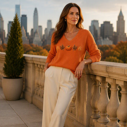 🎃 Playful Seasonal Style | Women’s Pumpkin Print V-Neck Long-Sleeve Top
