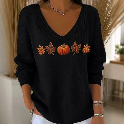 🎃 Playful Seasonal Style | Women’s Pumpkin Print V-Neck Long-Sleeve Top