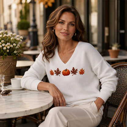 🎃 Playful Seasonal Style | Women’s Pumpkin Print V-Neck Long-Sleeve Top