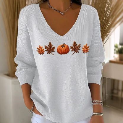 🎃 Playful Seasonal Style | Women’s Pumpkin Print V-Neck Long-Sleeve Top
