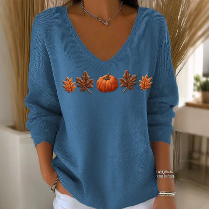 🎃 Playful Seasonal Style | Women’s Pumpkin Print V-Neck Long-Sleeve Top