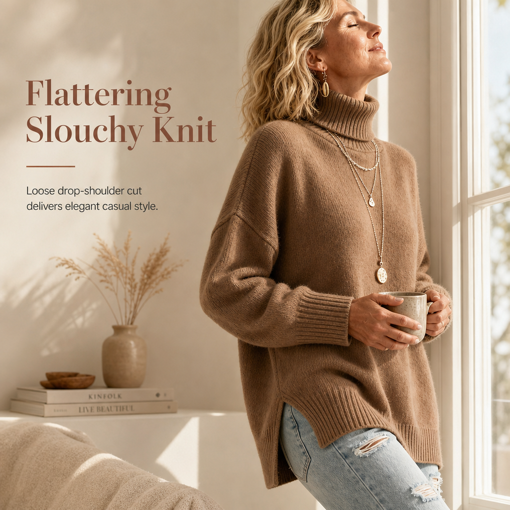 ☁️ Cozy Without the Bulk | Women’s Relaxed Ribbed Turtleneck Sweater