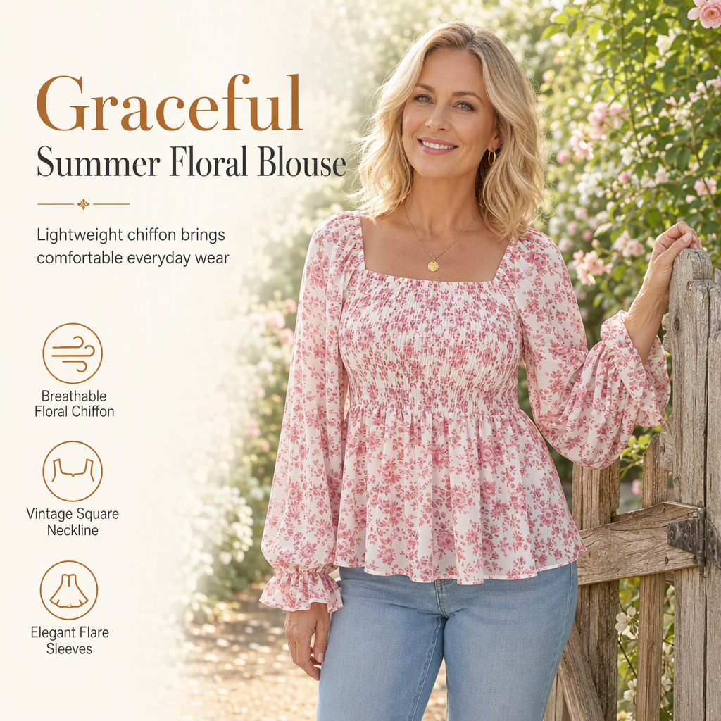 🌸 Floral Elegance | Women’s Square-Neck Chiffon Blouse with Flare Sleeves