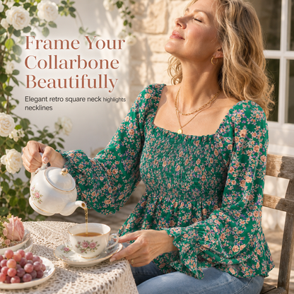 🌸 Floral Elegance | Women’s Square-Neck Chiffon Blouse with Flare Sleeves