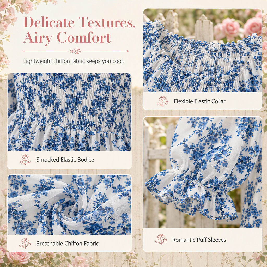 🌸 Floral Elegance | Women’s Square-Neck Chiffon Blouse with Flare Sleeves