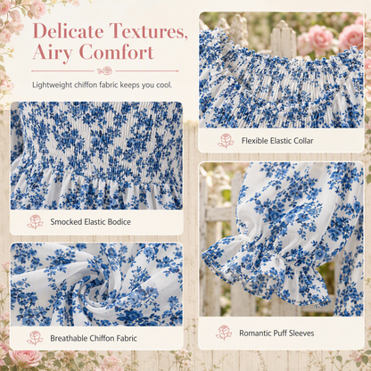 🌸 Floral Elegance | Women’s Square-Neck Chiffon Blouse with Flare Sleeves