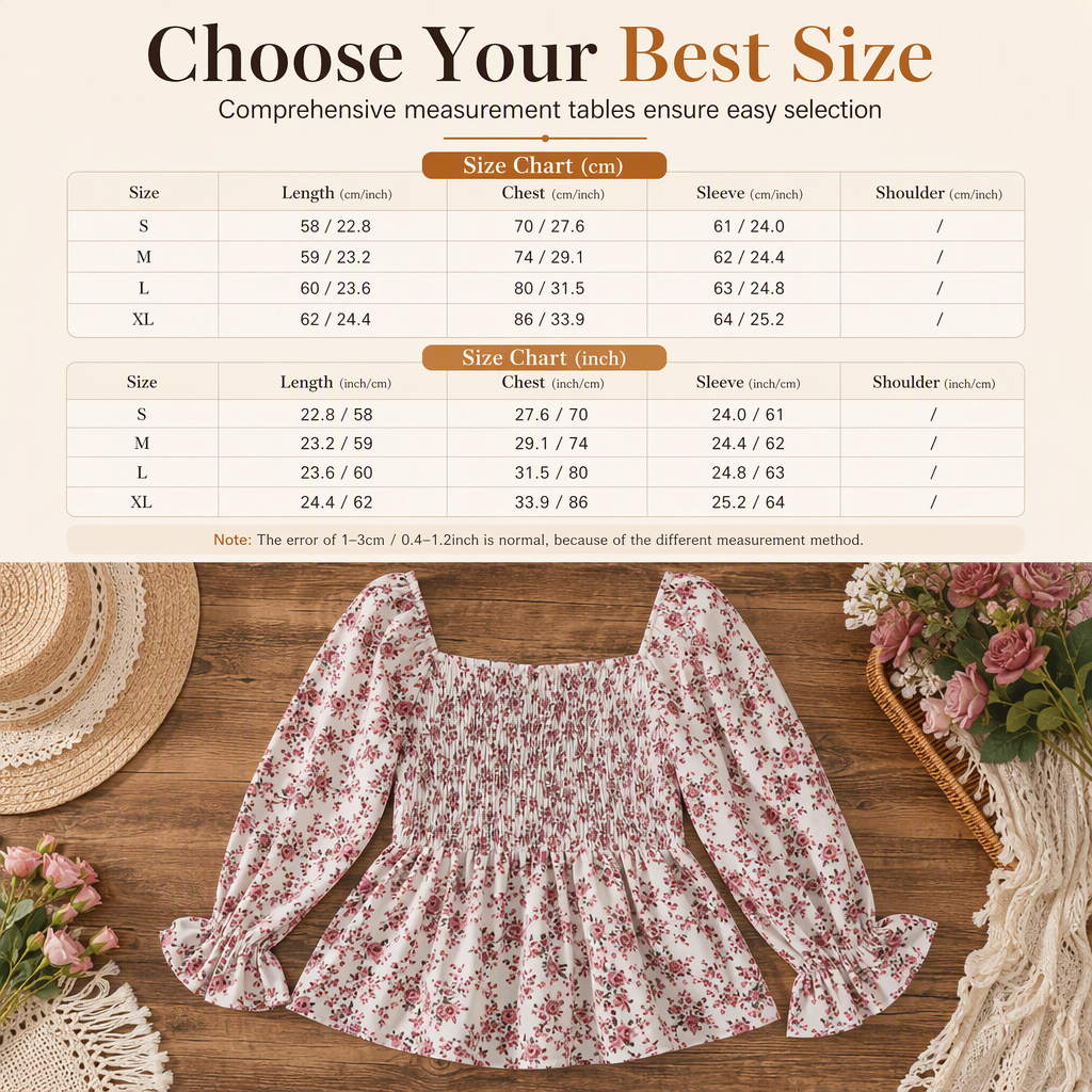 🌸 Floral Elegance | Women’s Square-Neck Chiffon Blouse with Flare Sleeves