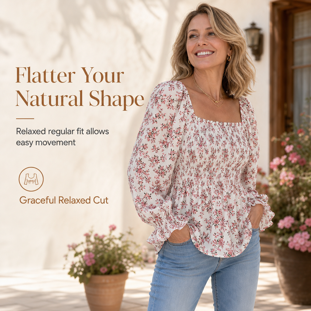 🌸 Floral Elegance | Women’s Square-Neck Chiffon Blouse with Flare Sleeves