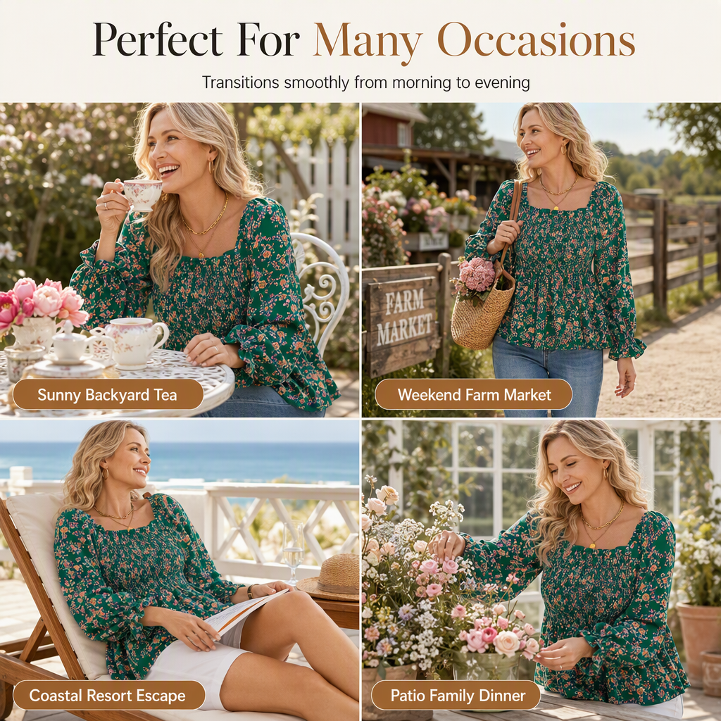 🌸 Floral Elegance | Women’s Square-Neck Chiffon Blouse with Flare Sleeves