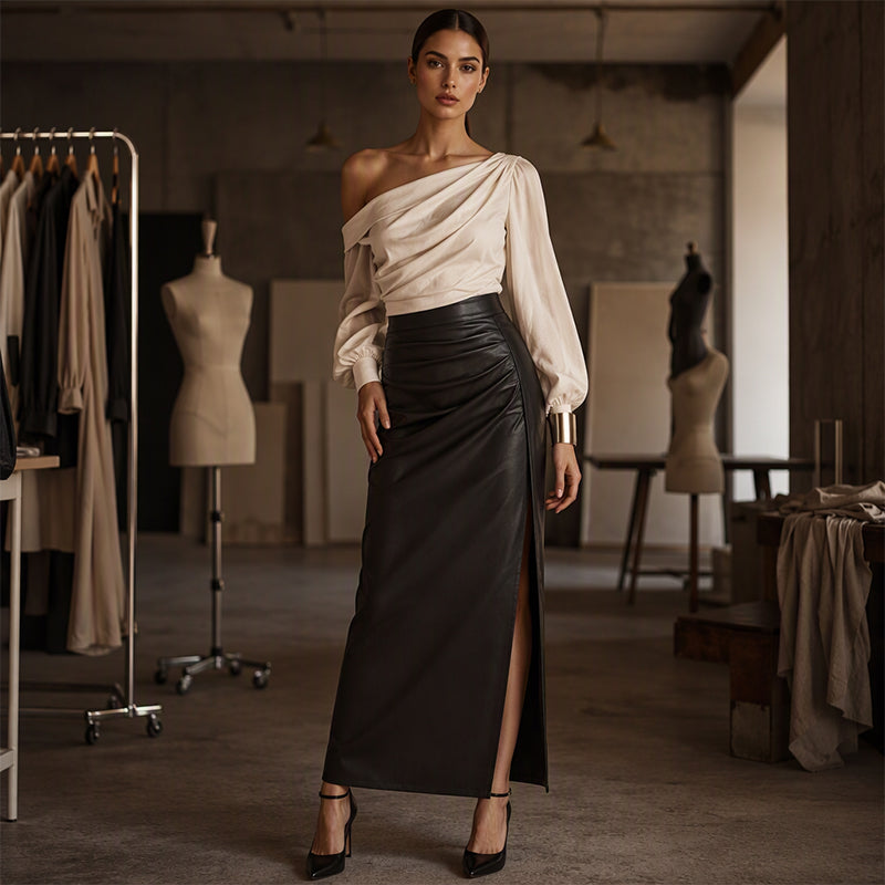 ✨ Edgy Elegance | Women’s Asymmetrical Side-Slit PU Skirt