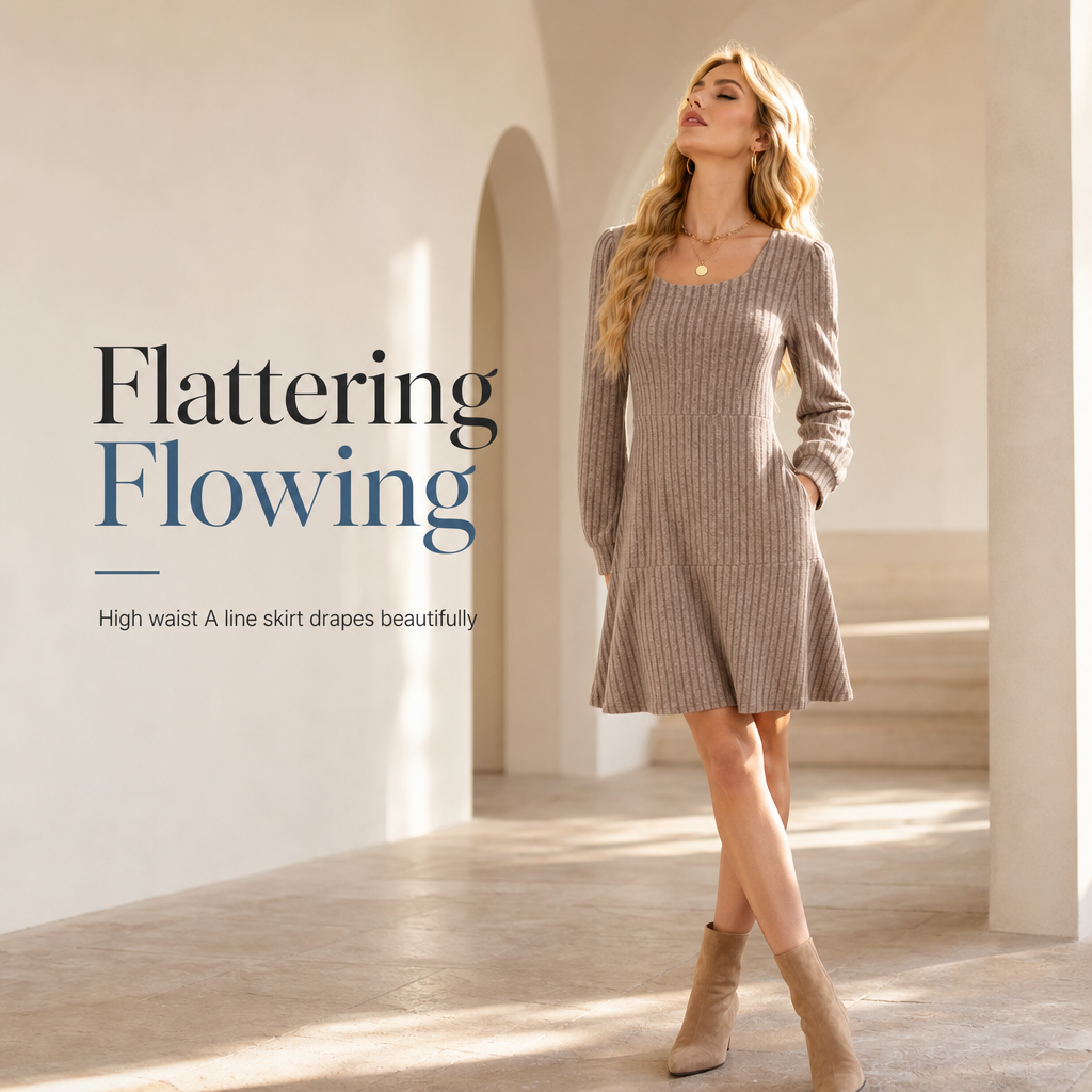 ✨ Easy Feminine Style | Women’s Square-Neck Ribbed Babydoll Dress with Pockets
