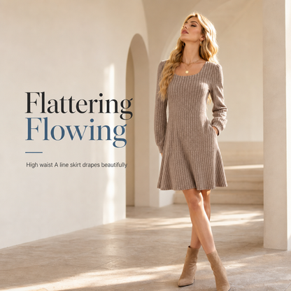 ✨ Easy Feminine Style | Women’s Square-Neck Ribbed Babydoll Dress with Pockets